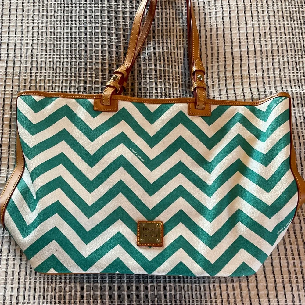 Dooney & Bourke Teal and White Chevron Leisure Shopper Tote - Picture 2 of 5